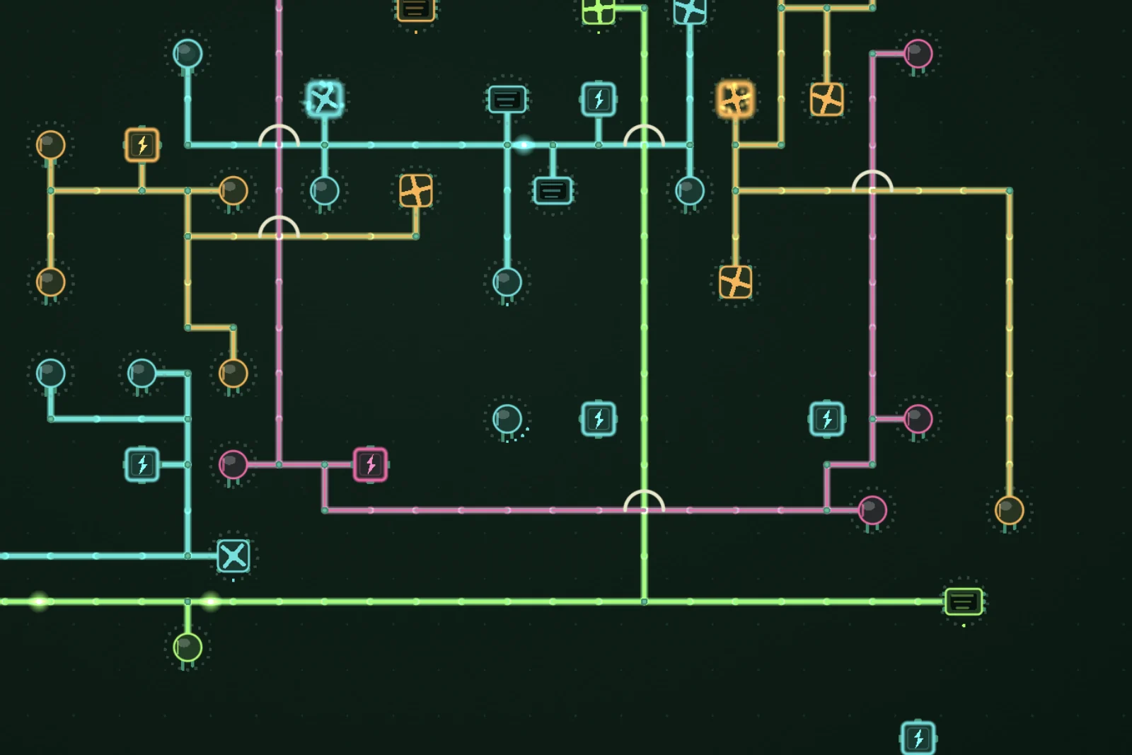 A close crop of the board mid-run: cyan, amber, pink and lime traces
                  crossing a dark green substrate, with pale bone arches carrying one
                  net over another and points of light travelling along the copper.
