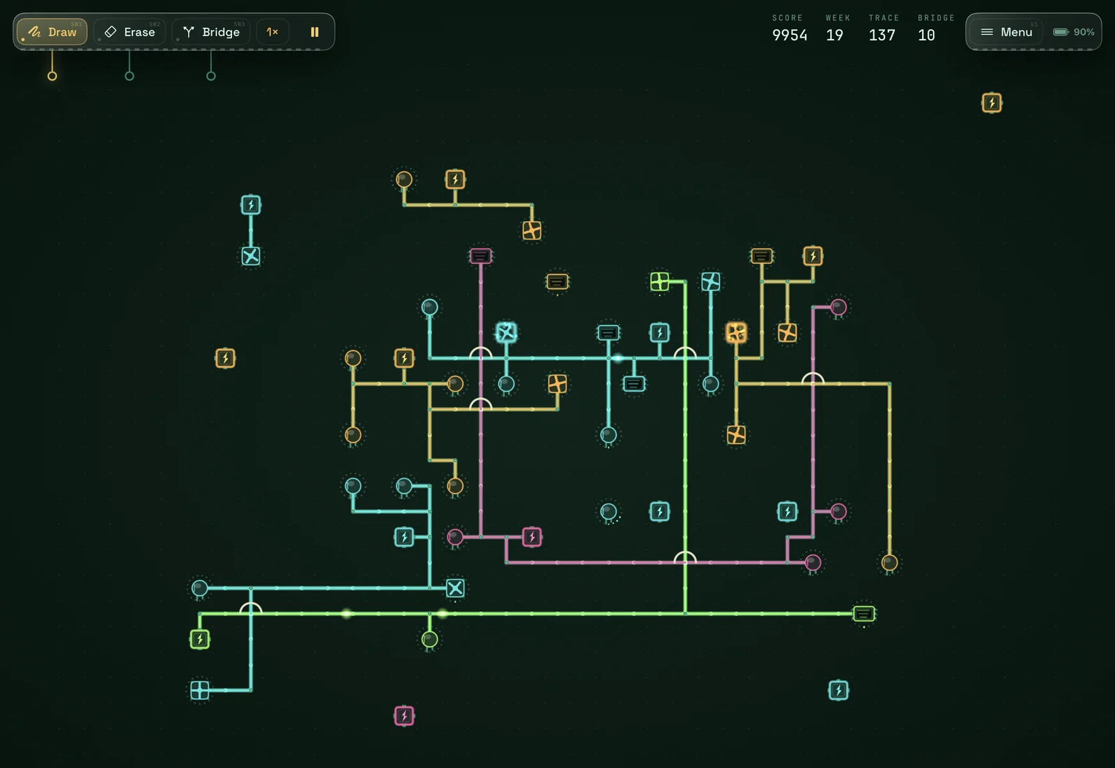 A close view of a Current Draw board mid-run: cyan, amber, pink and
                lime traces wired across a dark green lattice, pale arches carrying
                one net over another, and points of light travelling the copper
                toward the parts drawing power.